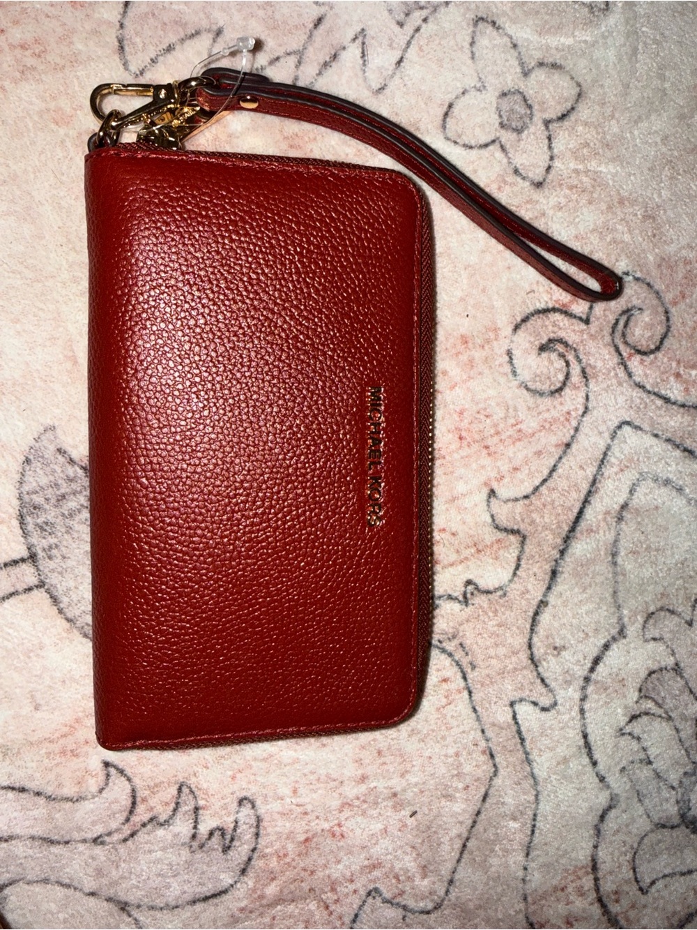 Michael Kors Red Pebbled Leather Wristlet Phone Case with Gold Hardware